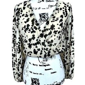 Japna black animal print top tan wrap deep neckline long sleeve blouse size XS